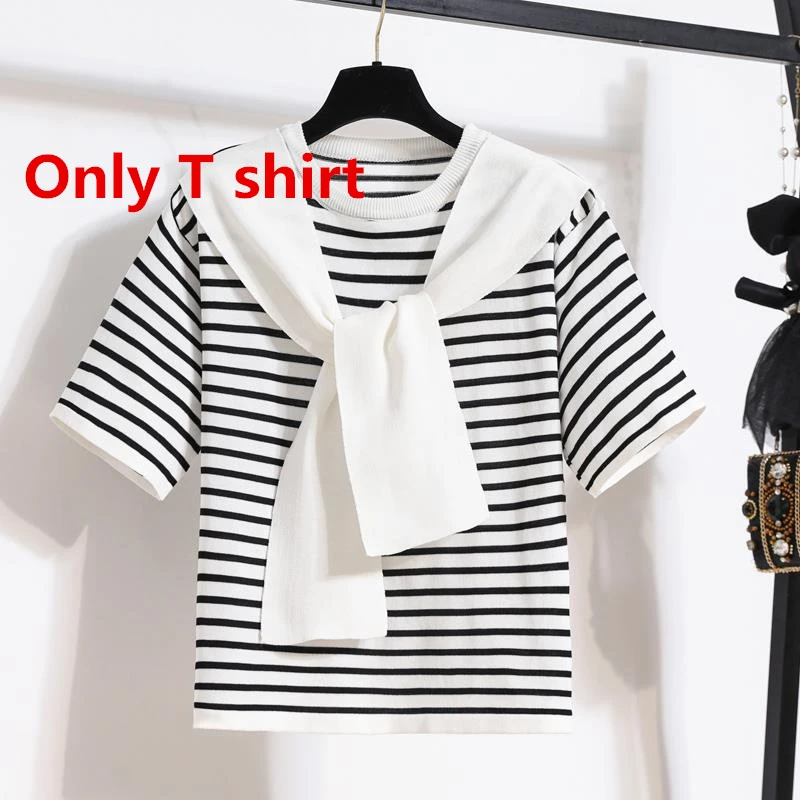 Women Casual Stripe Shawl T Shirt Skirts Two Piece Set 2025 Summer Student Fashion Tops Denim A-Line Skirt Outfits Lady Clothes - Image 9