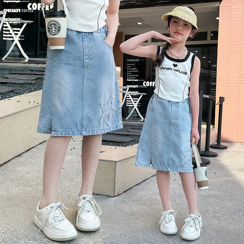Girls' Casual Knee-Length Cotton Denim Skirt - Image 5