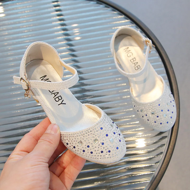 Girls Leather Shoes Pink New with Heel Rhinestone Girls Princess Single Shoes 4-12 Years Old Fashion Non-slip Children's Sandals - Image 5