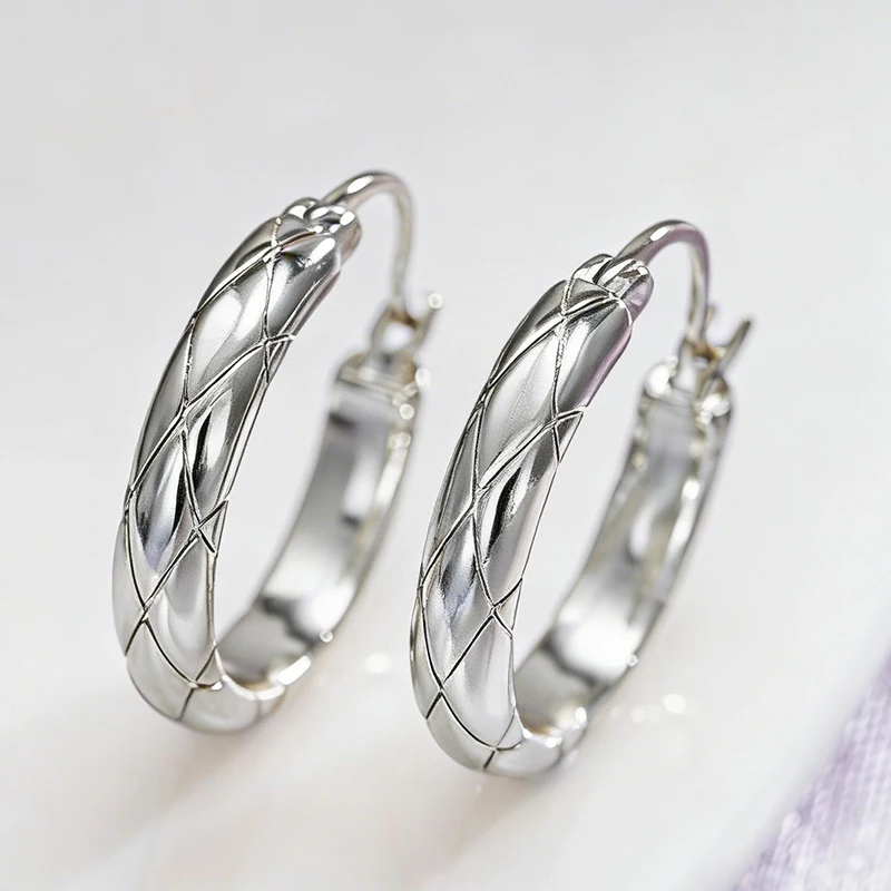 Huitan Copper Alloy Geometric Grid Hoop Earrings – Glossy Finish - Image 4
