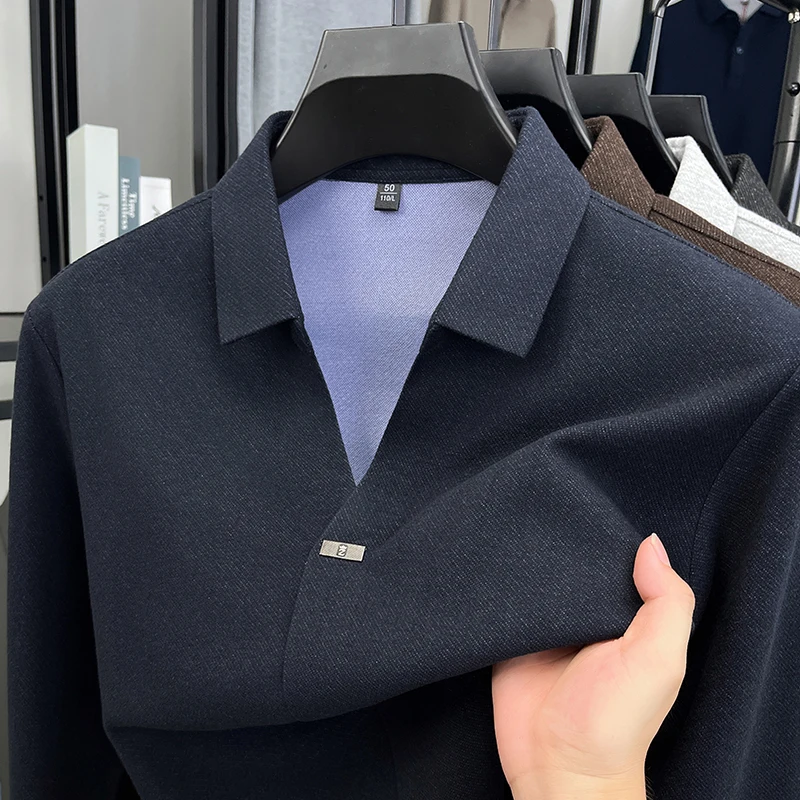 High quality brand men's long sleeve V-neck polo shirt autumn fashion new badge design boutique golf top casual business T-shirt - Image 3