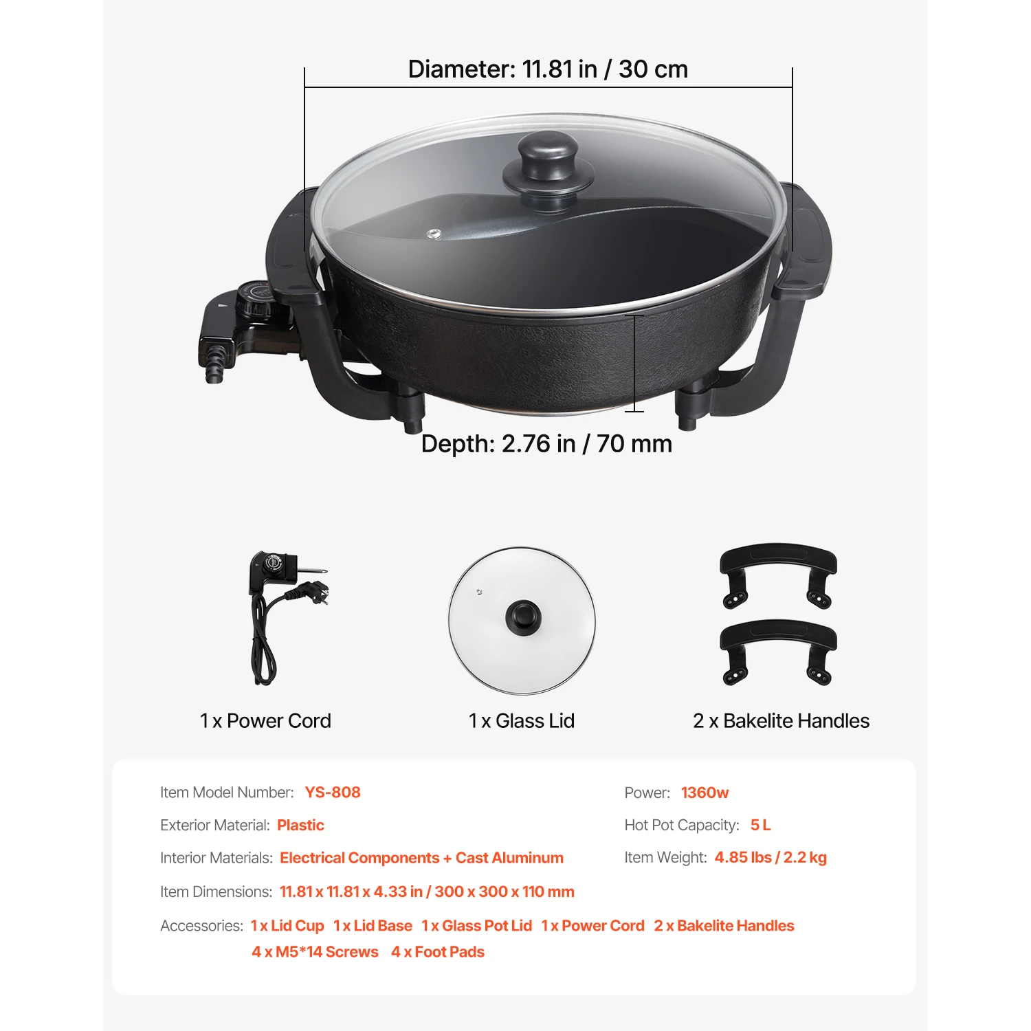 SucceBuy 5L Dual‑Flavor Electric Hot Pot with Non‑Stick Cast Aluminum, Glass Lid & Stepless Temp Control - Image 7
