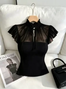 2026 New Summer High-End Unique Stylish Black Lace Splicing Waist-Cinching Top French Style Fashionable Women's T-shirt