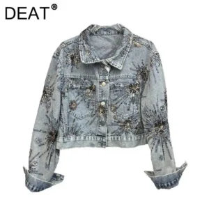 DEAT Women's Denim Coat Embroidery Design Sequins Long Sleeve Single Breasted Short Jackets 2026 Summer New Fashion 29A6851