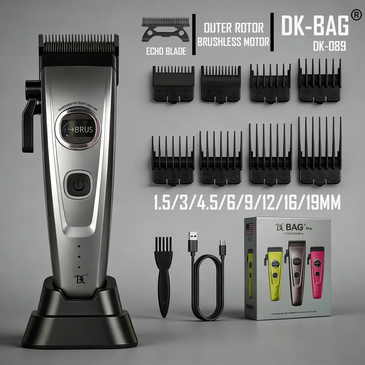 DK Outer Rotor Brushless Motor Professional Men's Fade Clipper Barber Echo Blade Base Charger Blending Hair Trimmer