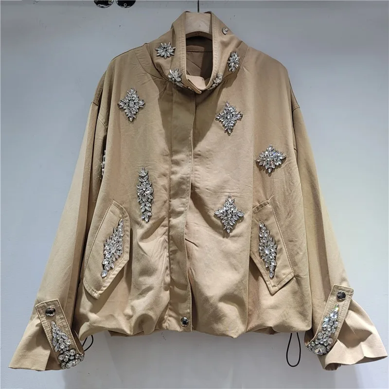 DEAT Women's Coat Loose Khaki Stand-up Collar Zipper Long Sleeve Diamonds Drawstring Jackets 2026 Spring Fashion 29A4829 - Image 2