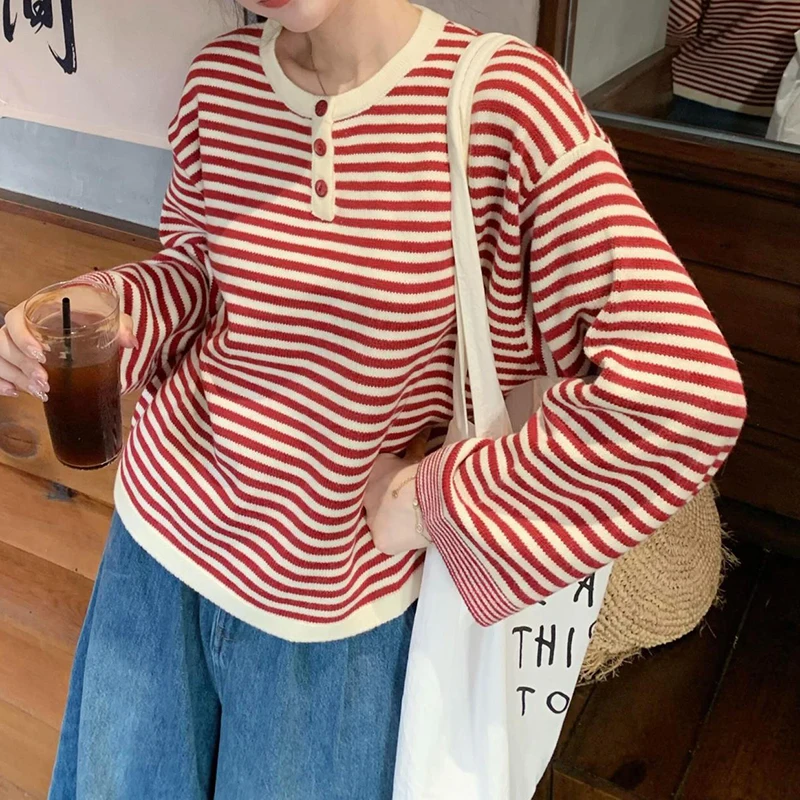 Women's Vintage Striped Button Knit Sweater - view 2
