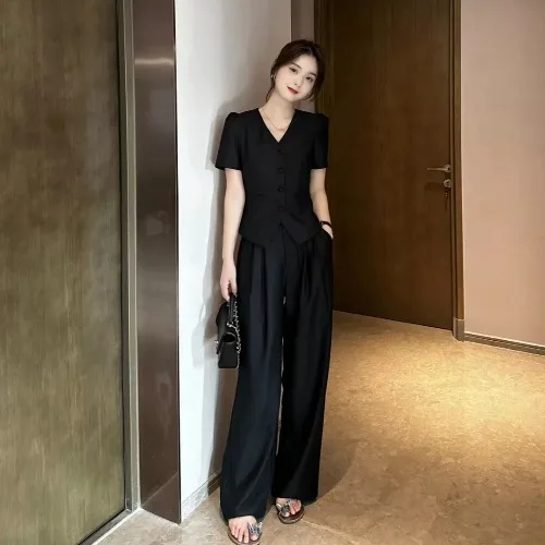 Chic Professional Two-Piece Set Short Sleeve Casual Wide Leg Pants Slimming Versatile Small Fragrance Style Summer Fashion - Image 6