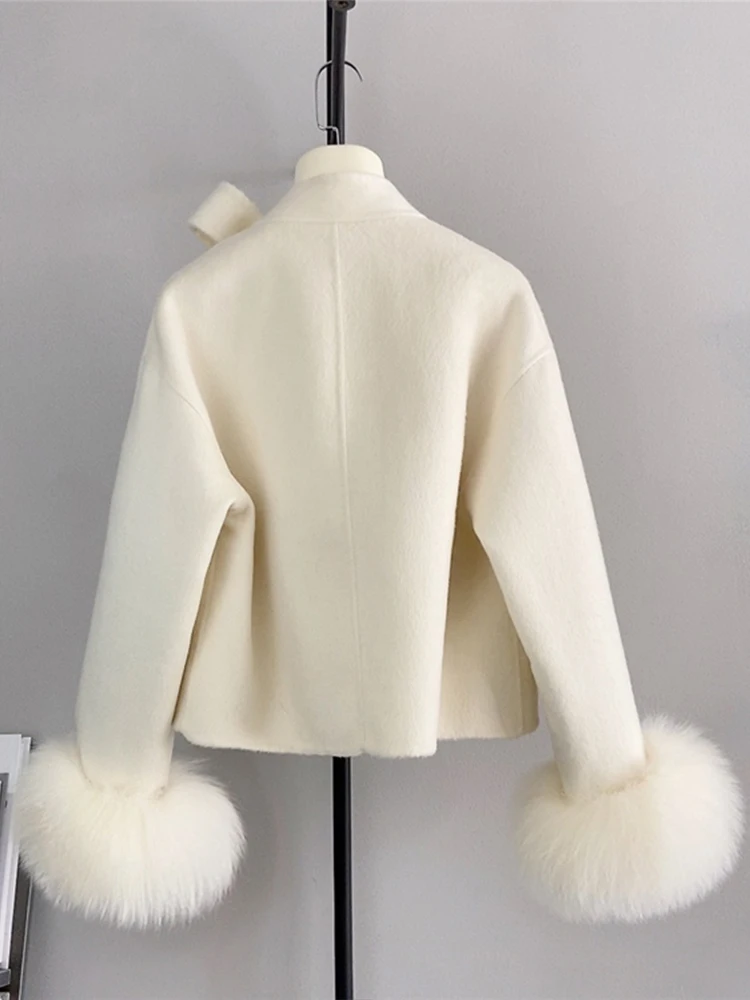 2024 New Winter Real Natural Fox Fur Cuff Coat Ladies Outwear Female Coat Cashmere Wool Woolen Women Luxury Jacket - Image 4