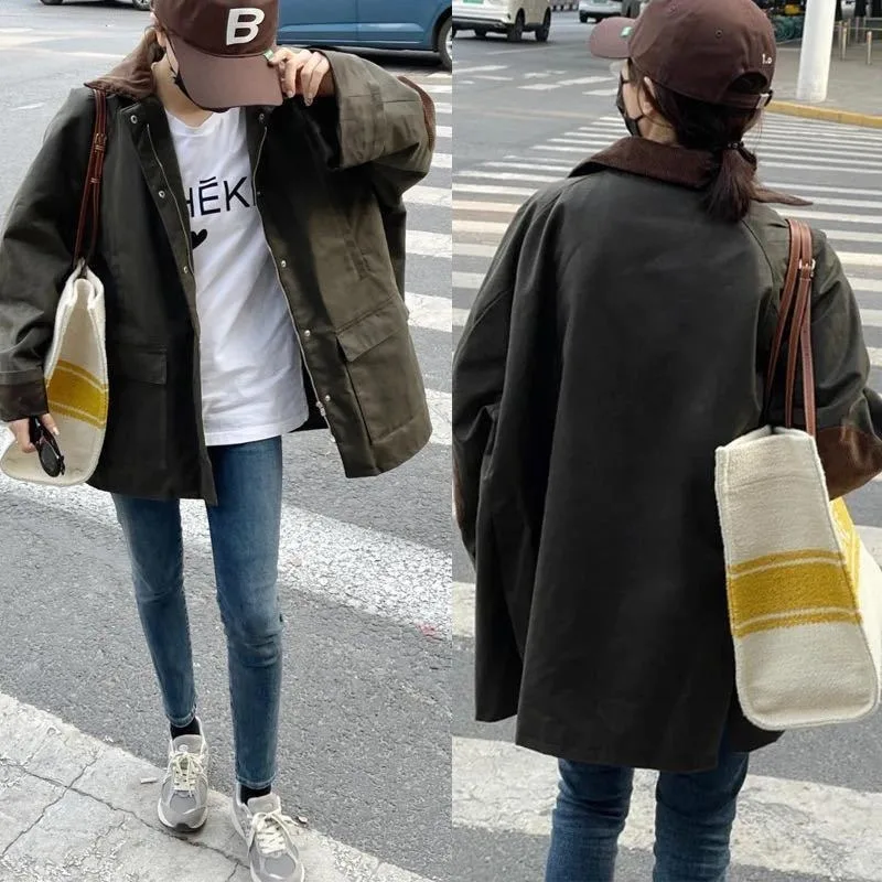 LUXURY Splicing Corduroy Workwear Jacket, Military Green Hunting Outfit, Retro Cotton Jacket, Women's Spring 2025 - Image 2