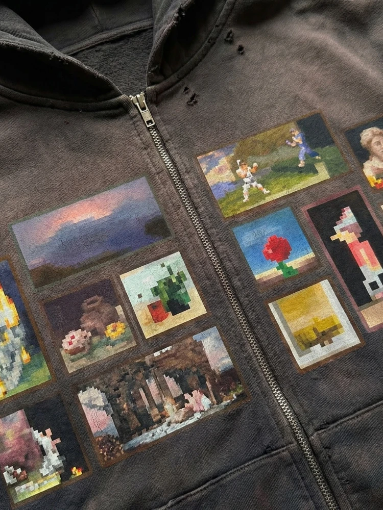 Y2K Retro Gallery Cotton Hoodie with Pixel Art Pattern - Image 3