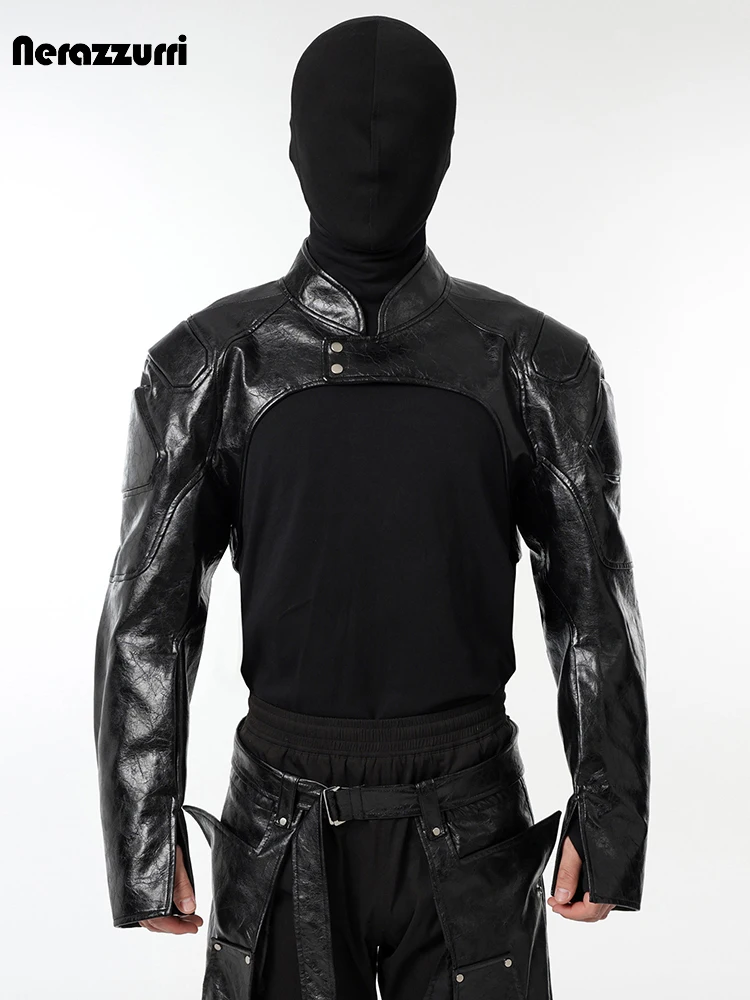 Men's Faux Leather Short Jacket with Shoulder Pads - Image 2