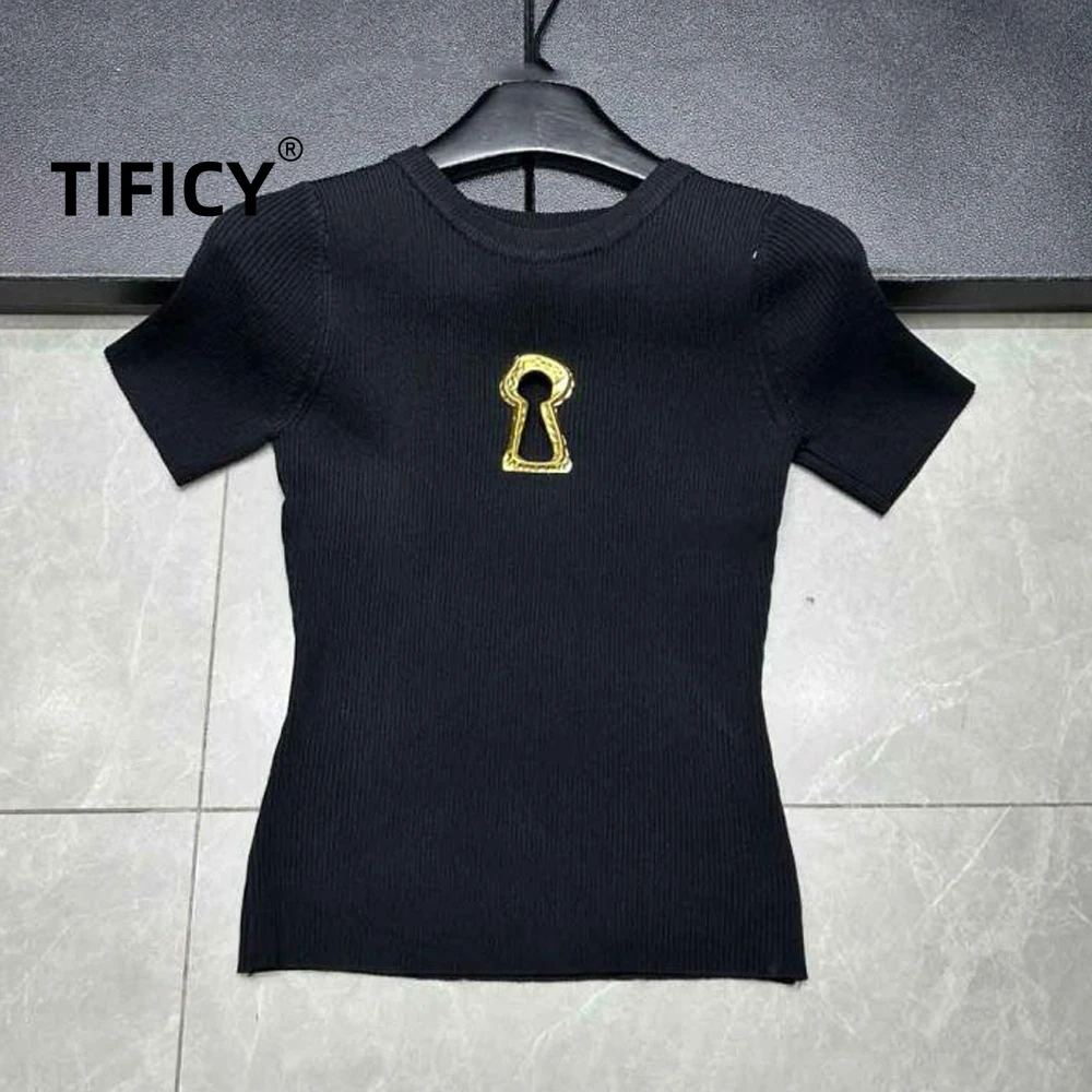 High Quality Summer New Hollowed Out Stand Up Collar Knitted Sweater Tshirt Women Commuting Slimming Sweater T-shirts Top