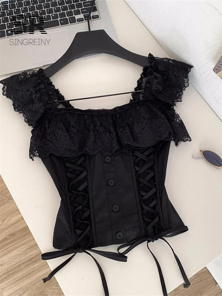 SINGREINY Lace Hotsweet Top Women Lace Up Splice Stretchy Shirred Bodycon Workwear Camisole Summer French Court Elegant Tank Top - Image 5