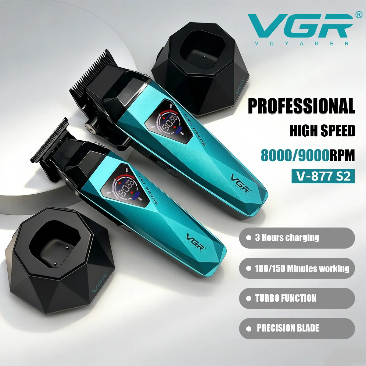 VGR V-877 S2 Cordless Hair Clippers – 9000 RPM Motor, DLC Coated Blades - Image 2