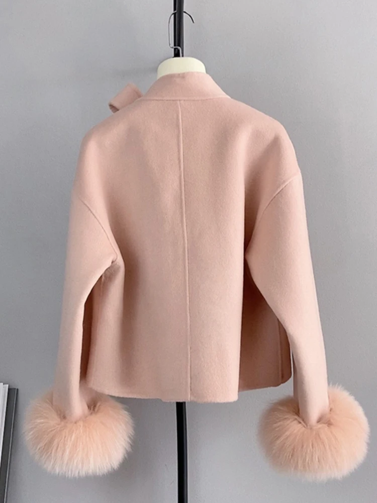 2024 New Winter Real Natural Fox Fur Cuff Coat Ladies Outwear Female Coat Cashmere Wool Woolen Women Luxury Jacket - Image 2