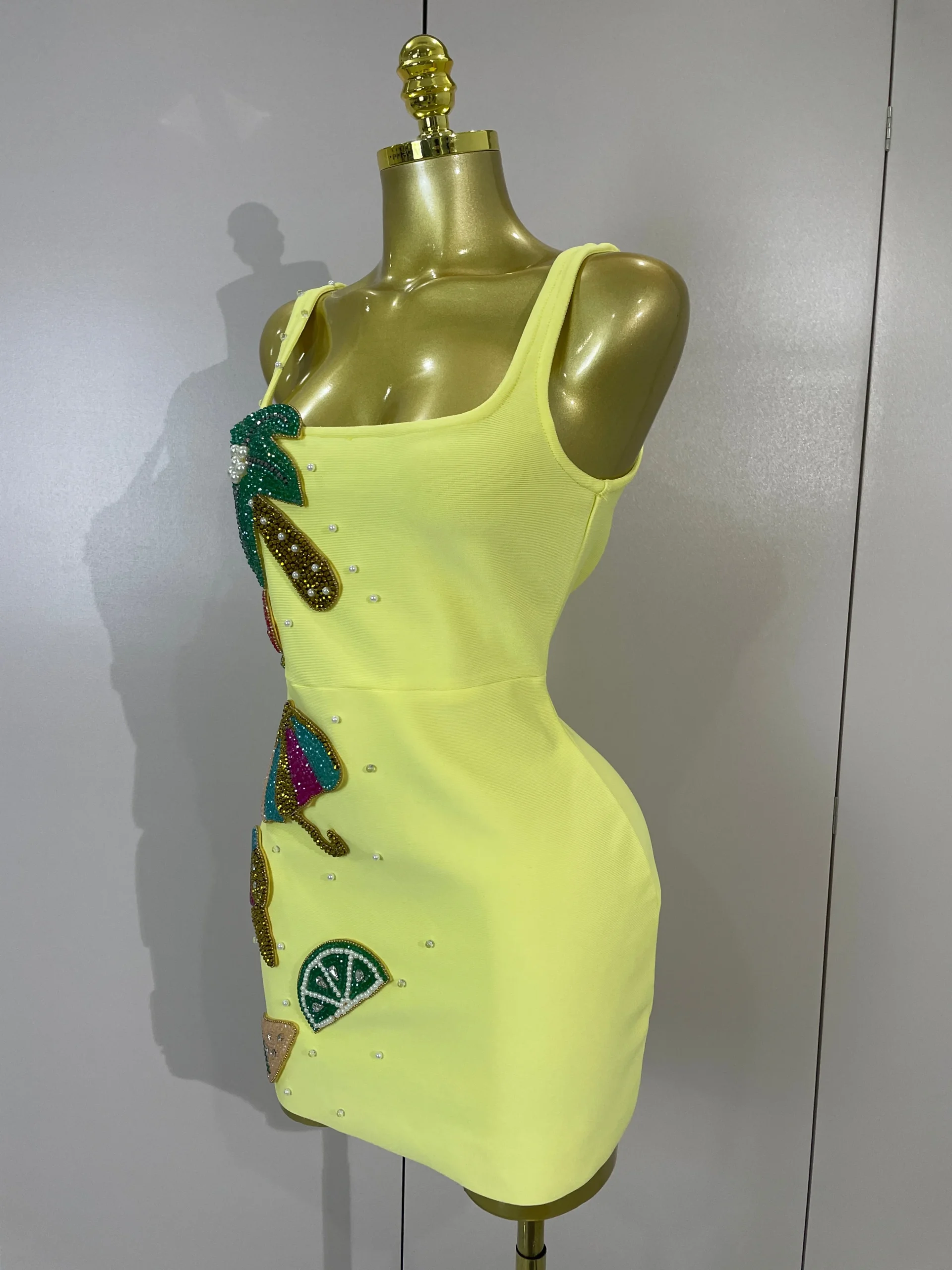 Women Sexy Square Neck Sleeveless Bodycon Bandage Mini Dress Luxury Beaded Tropical Fruit Eveing Party Vacation NightClub Outfit - Image 2