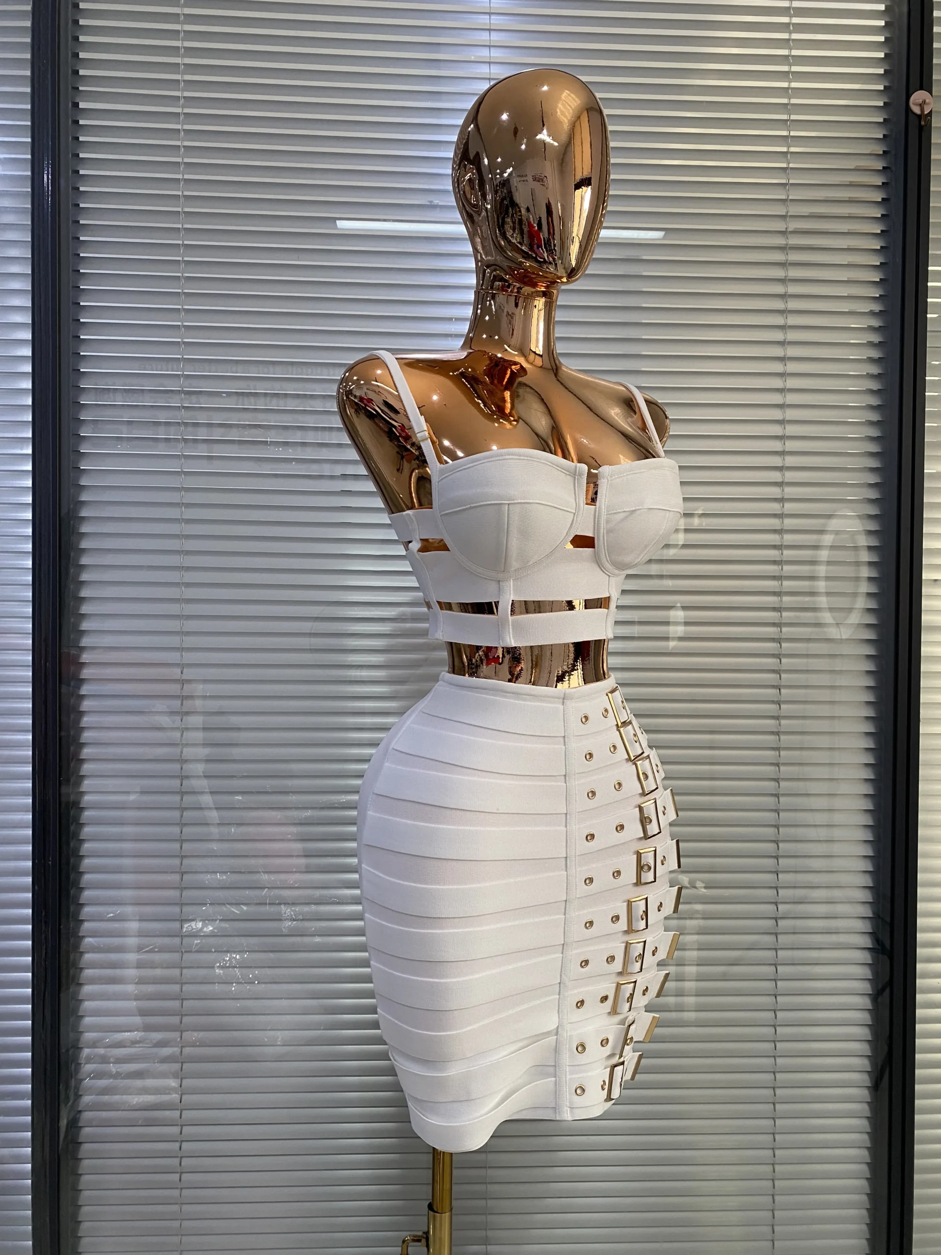 White Bandage Dress Women Designer Bustier Crop Top And Buckles Pencil Skirt Two Pieces Sets Evening Club Party Outfits - Image 2