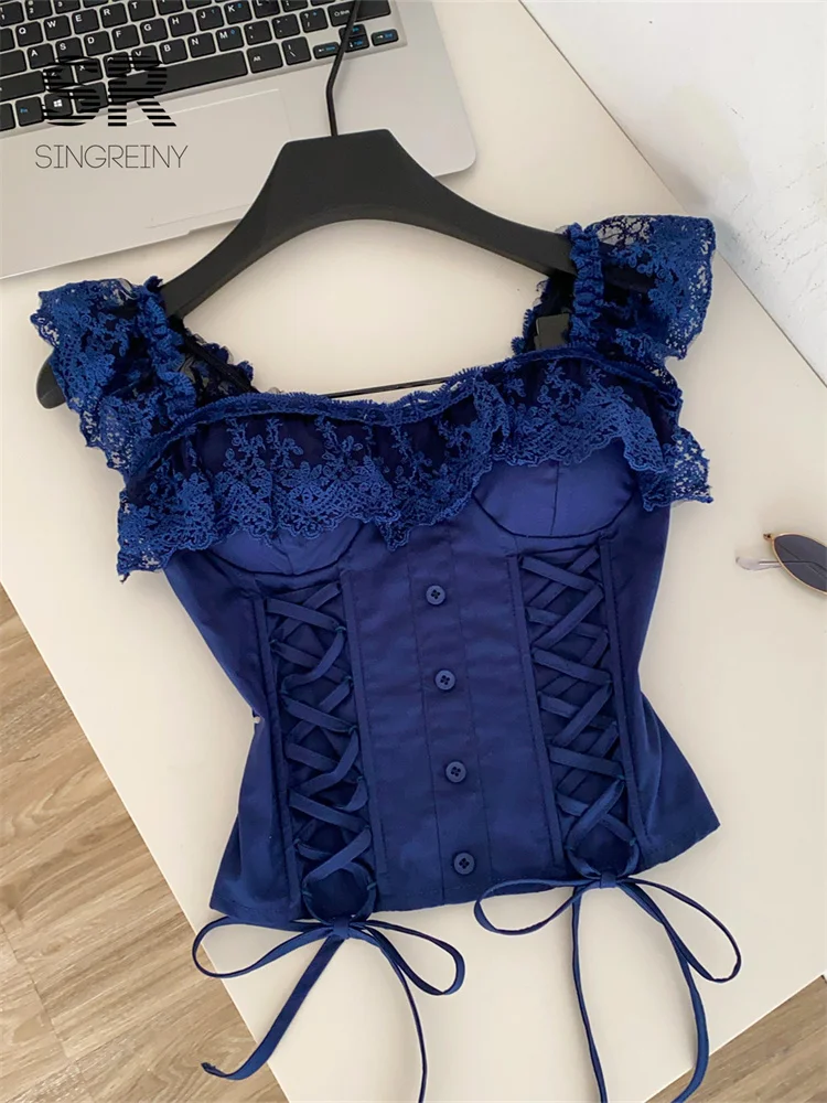 SINGREINY Lace Hotsweet Top Women Lace Up Splice Stretchy Shirred Bodycon Workwear Camisole Summer French Court Elegant Tank Top - Image 2
