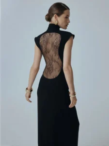 Solid Dresses For Women Fashion Sexy Streetwear Short Sleeves Turtleneck Hollow Out Sheer Long Vestidos Robes Female Elegant Fit