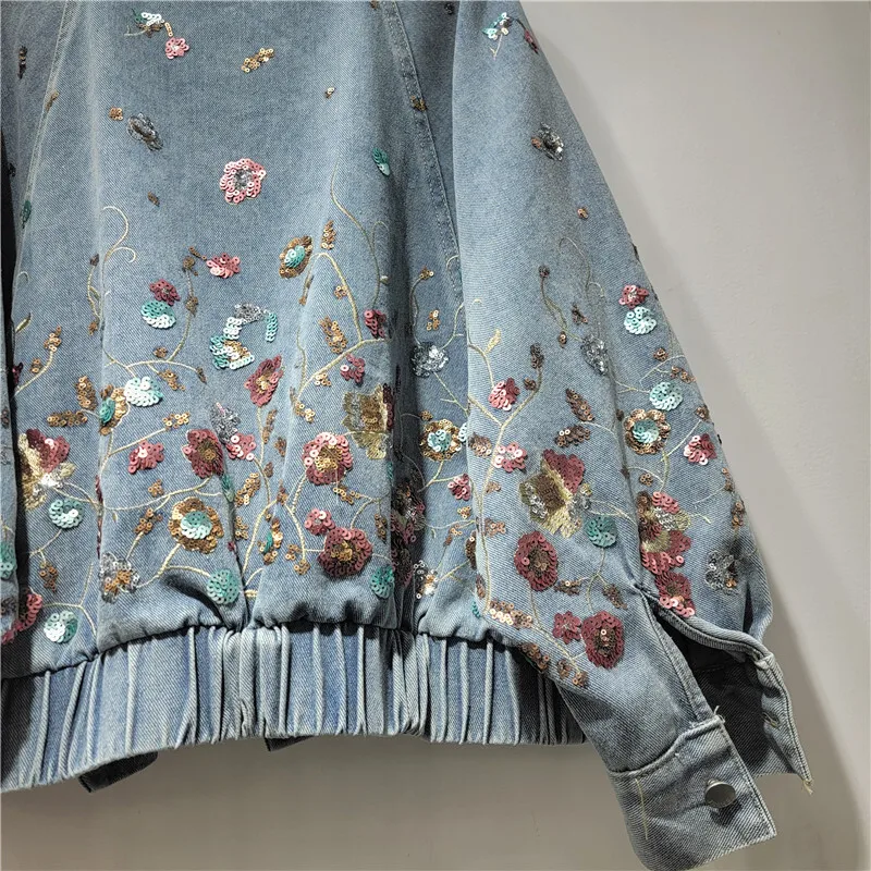 Women's Sequin Flower Denim Blazer Jacket - view 6