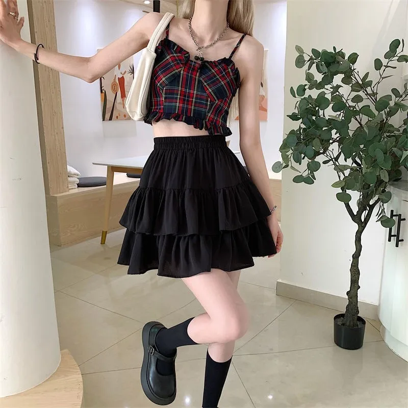 Pleated A-line Skirt White Women Ruffles Sweet Hottie Preppy Style Elastic Elastic Waist Slim Thin SimpleCasual Summer Wholesale - Image 5