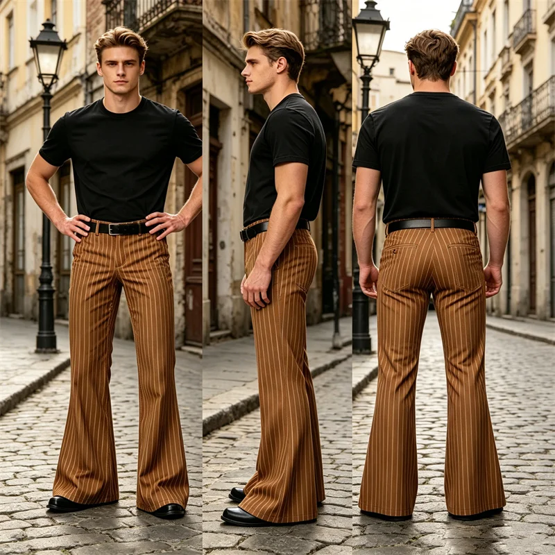 Men's Polyester Pinstripe Flared Pants - Image 2