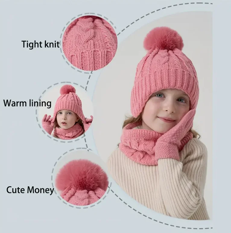 Soft Pink Kids Winter Set – Hat, Scarf & Gloves, Polyester Filled - Image 6