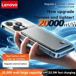 Lenovo 20000mAh Wireless Fast‑Charging Power Bank – Built‑in Cables