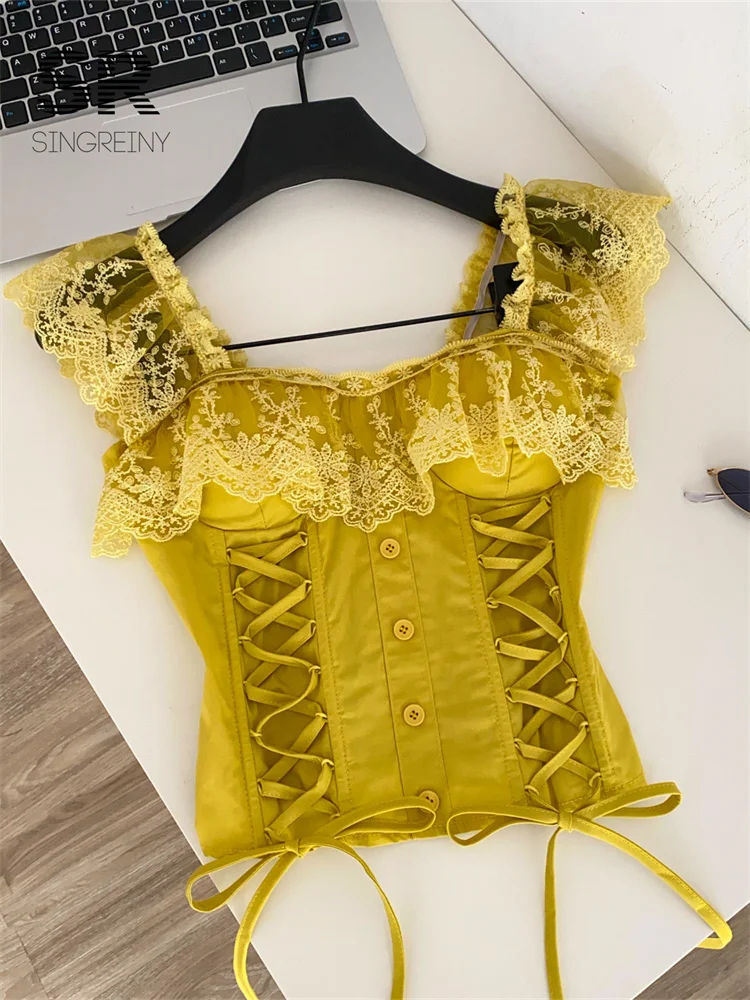 SINGREINY Lace Hotsweet Top Women Lace Up Splice Stretchy Shirred Bodycon Workwear Camisole Summer French Court Elegant Tank Top - Image 3