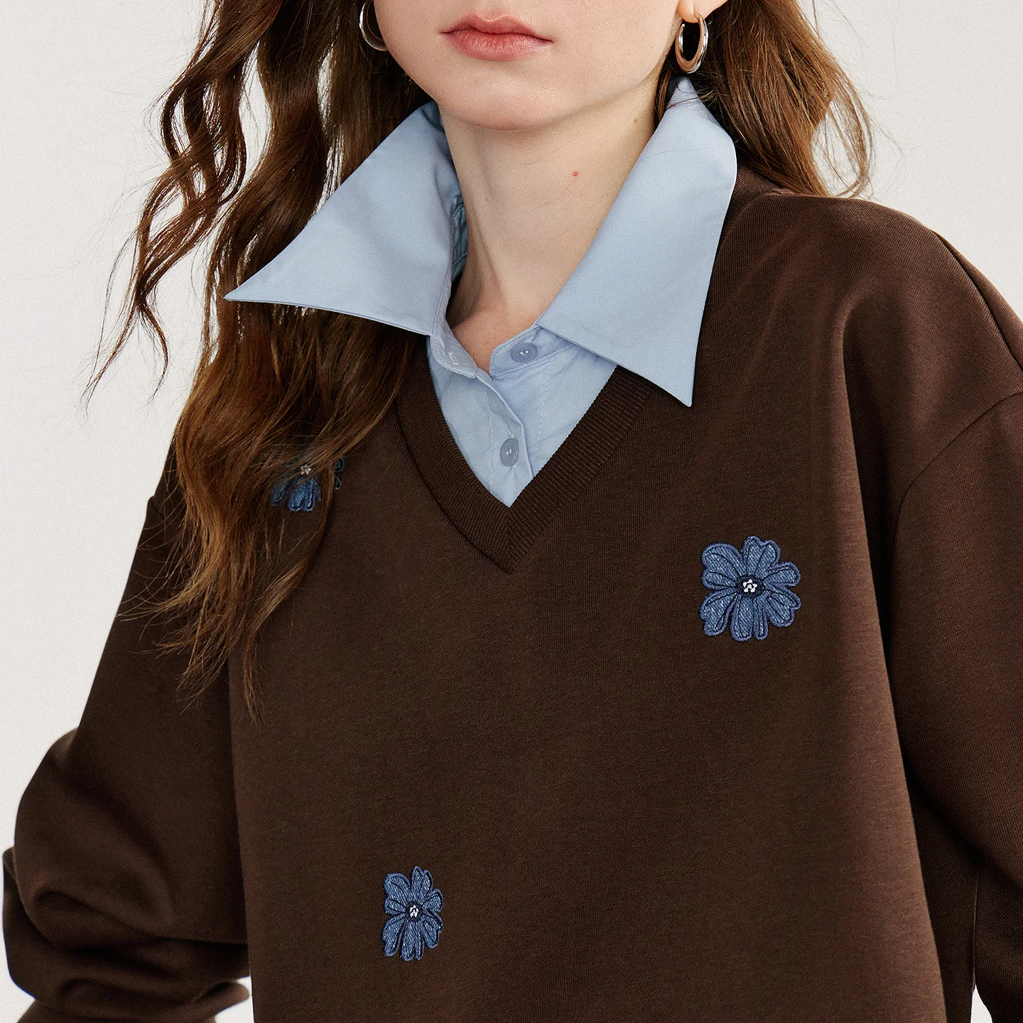 TOYOUTH Women Sweatshirt 2025 Autumn New Denim Flower Embroidery Fake Two Piece Splicing Turn Down Collar Cotton Casual Pullover - Image 4