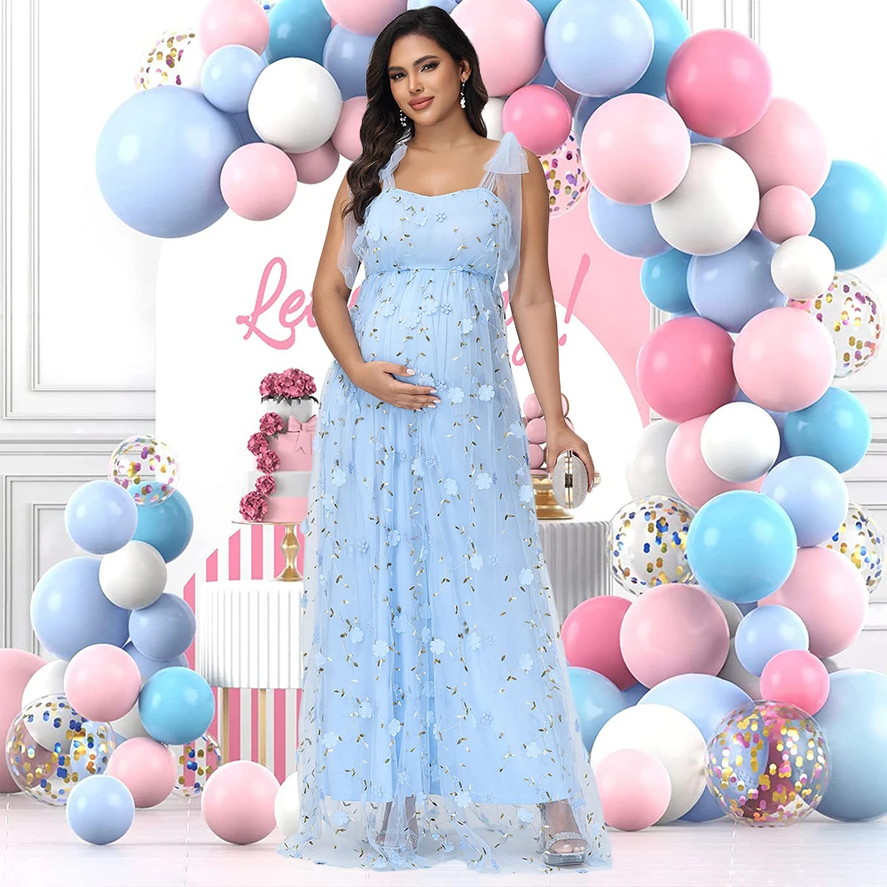 Maternity Photography Tulle Straps Evening Party Gowns Floral Embroidered Mesh Summer Long Dress for Baby Shower Photoshoot - Image 5