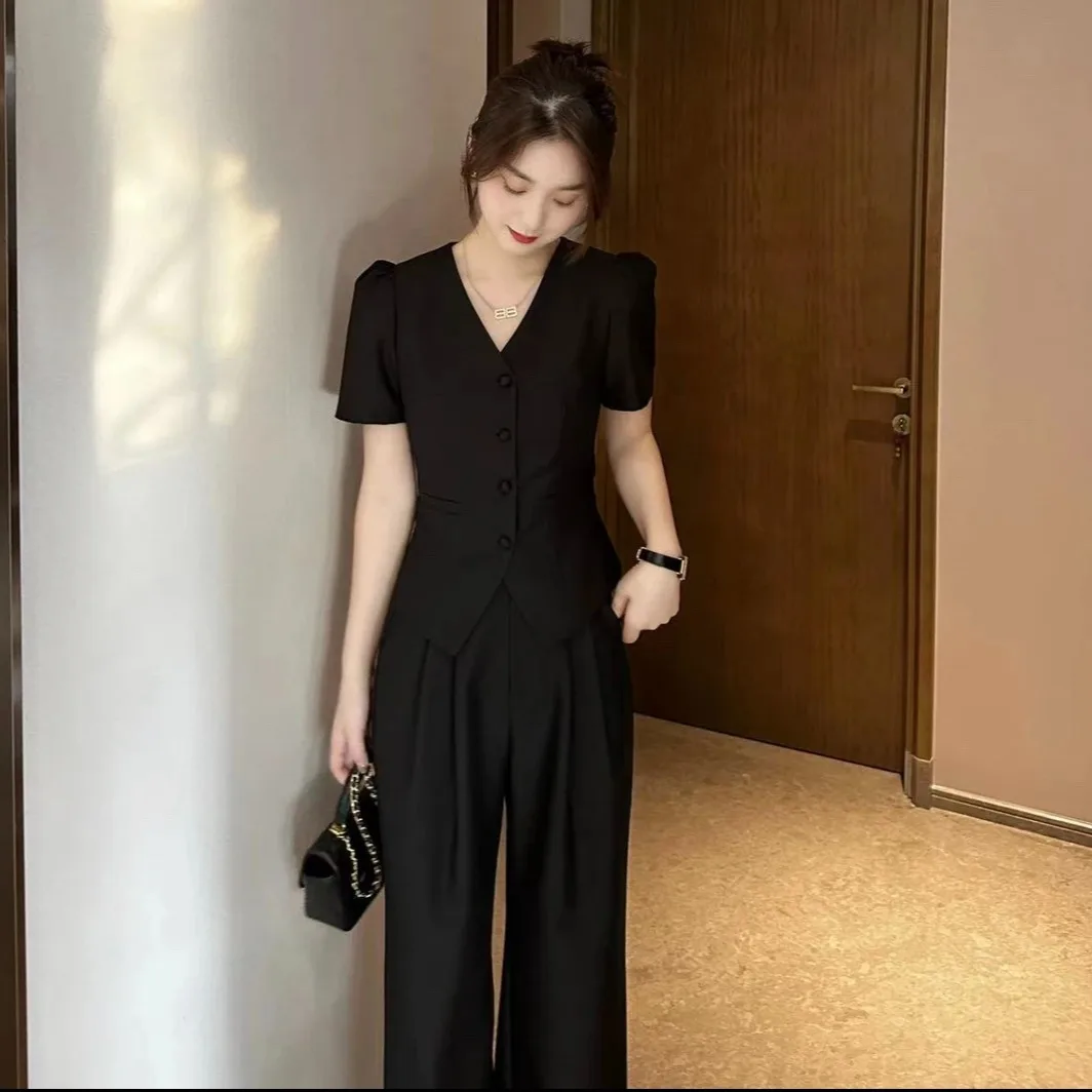 Chic Professional Two-Piece Set Short Sleeve Casual Wide Leg Pants Slimming Versatile Small Fragrance Style Summer Fashion - Image 3
