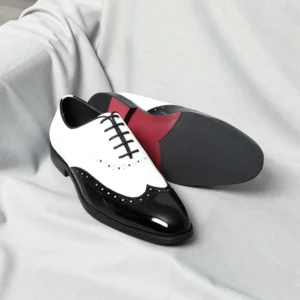 Men's White & Black Cow Leather Wingtip Brogue Oxford Shoes