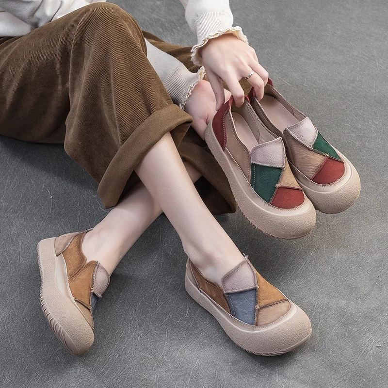 Slip-On Loafers with Mixed-Color Patch, Genuine Cow Leather, Platform Sole - Image 6