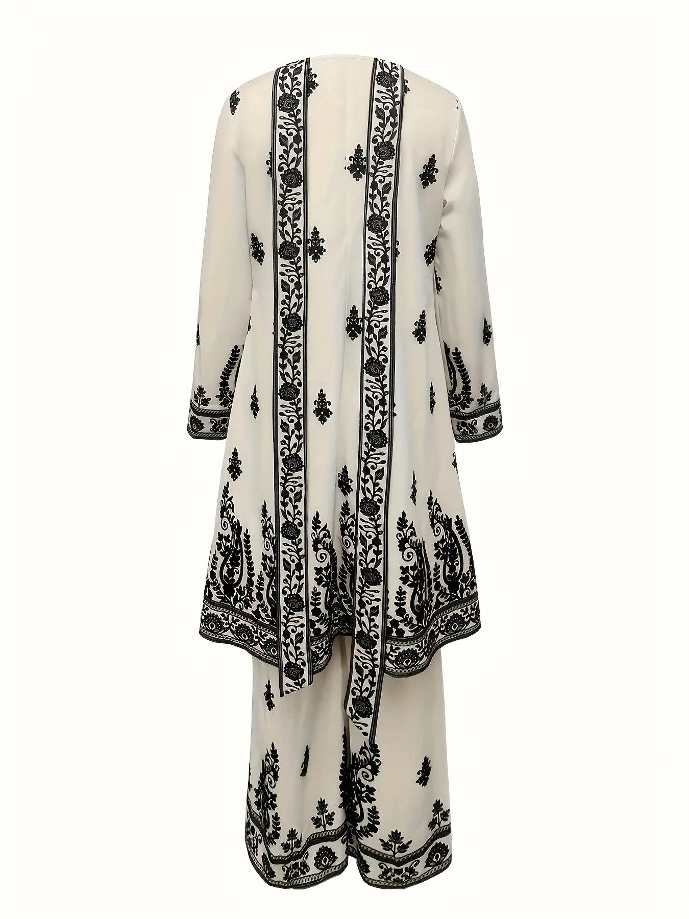 Plus Size Women's Off-White and Black Printed Three-Piece Set Ethnic Style Crew Neck Long Top Wide-Leg Pants and Headscarf Set - Image 4