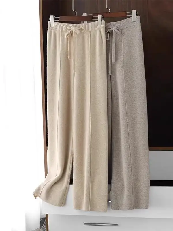 Thiened Wool Knitted Wide Leg Pants Women High Waist Draped Slim Version Floor-Length Outerwear Straight Leg Trousers - Image 4
