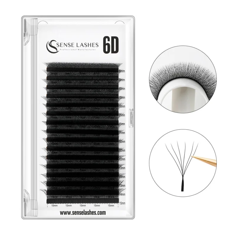 Sense Lashes 6D W‑Shape Volume Fans – 16‑Row Tray, 8‑15 mm, Vegan