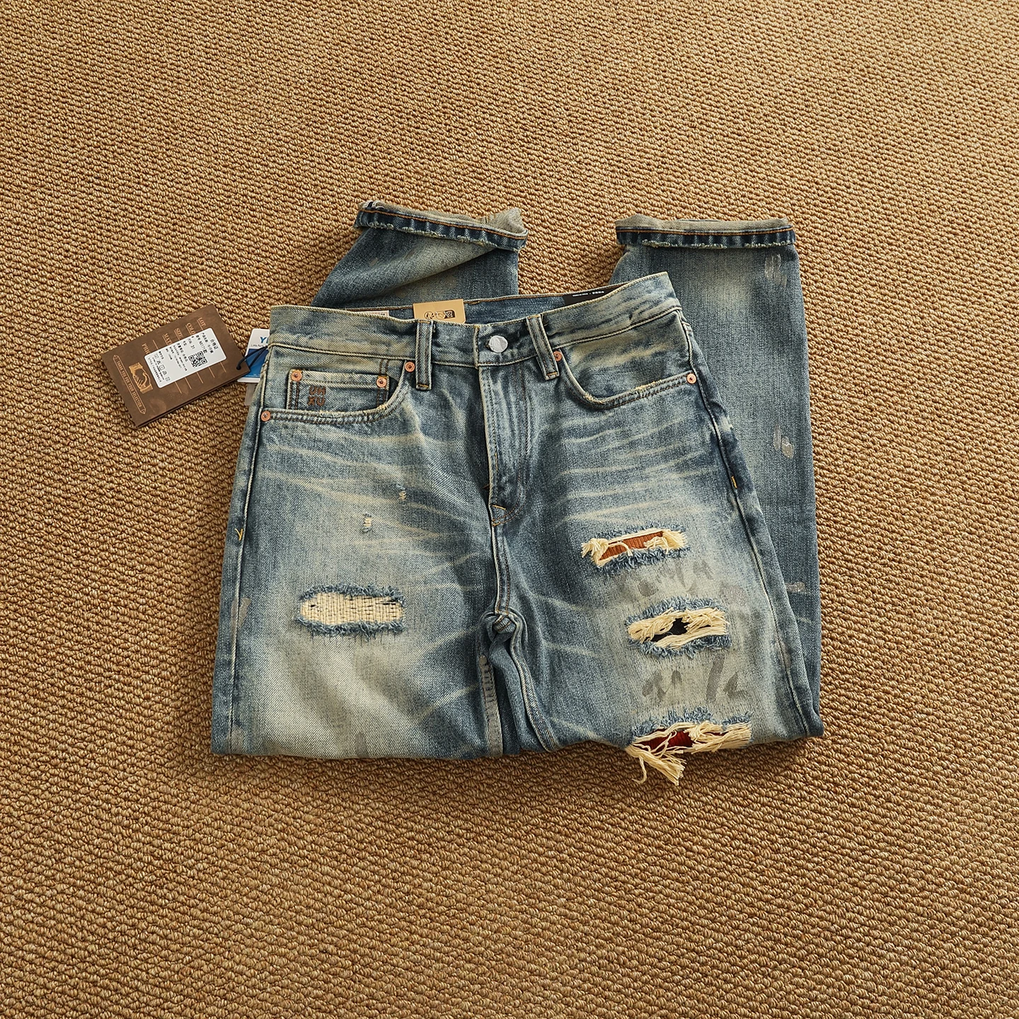 2025 Autumn New American Retro Heavyweight Ripped Denim Men's Fashion 100% Cotton Washed Old Straight Tapered Casual Jeans - Image 4