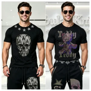Men's Cotton Short Sleeve T-Shirt with Rhinestone Decor