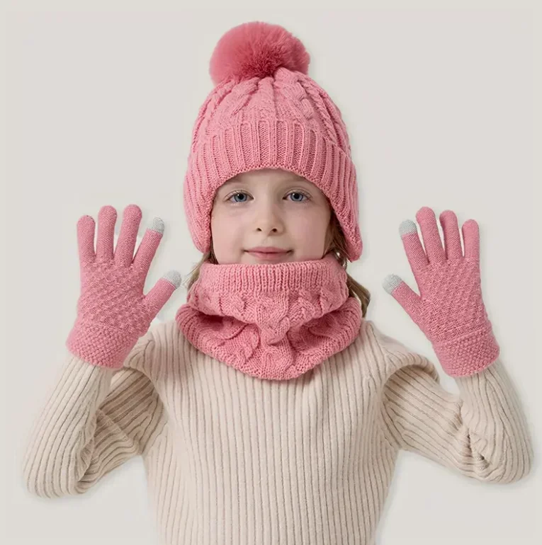 Soft Pink Kids Winter Set – Hat, Scarf & Gloves, Polyester Filled - Image 5