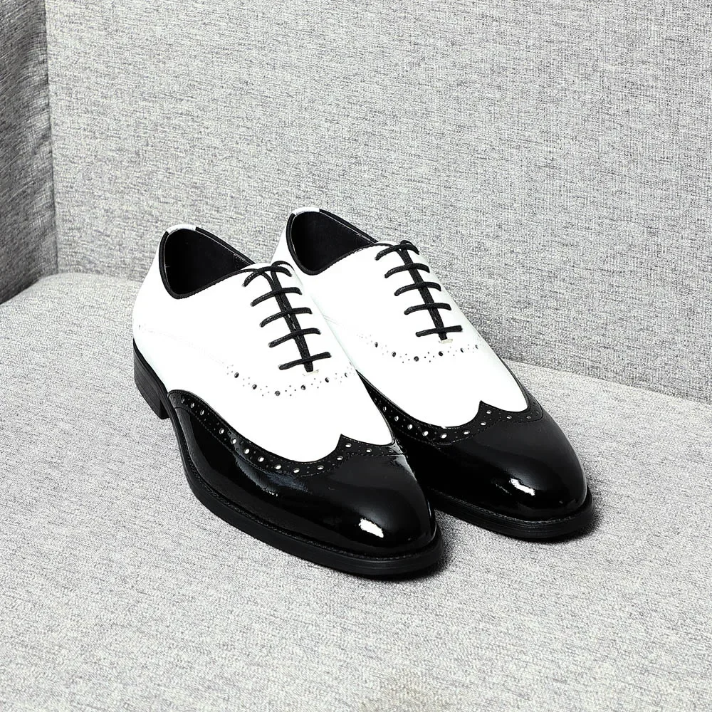 Men's White & Black Cow Leather Wingtip Brogue Oxford Shoes - Image 3