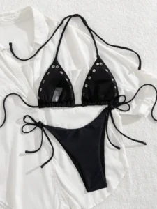 Women's Black Rivet Tie Triangle Bikini