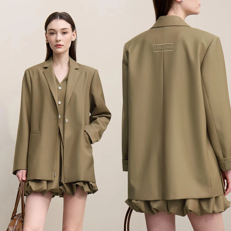 Amii Blazer Women 2026 Autumn New Notched Lapel Padded Shoulder Blazer Embroidery Loose Mid-Length Casual Jacket Women 12641056 - Image 2