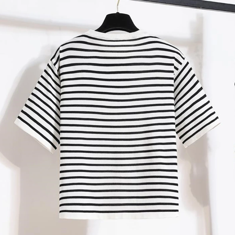 Women Casual Stripe Shawl T Shirt Skirts Two Piece Set 2025 Summer Student Fashion Tops Denim A-Line Skirt Outfits Lady Clothes - Image 4