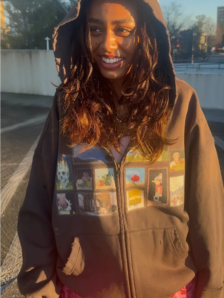 Y2K Retro Gallery Cotton Hoodie with Pixel Art Pattern - Image 6