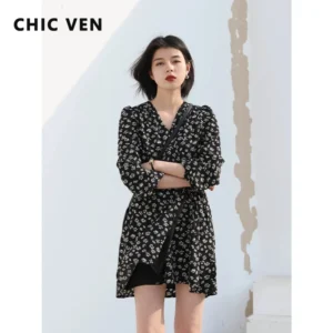 Women's Black Floral V-Neck Long Sleeve Mini Dress