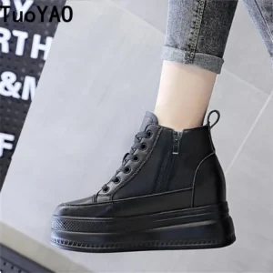 Women's High-Top Platform Sneakers – Split Leather, 8 cm Heel