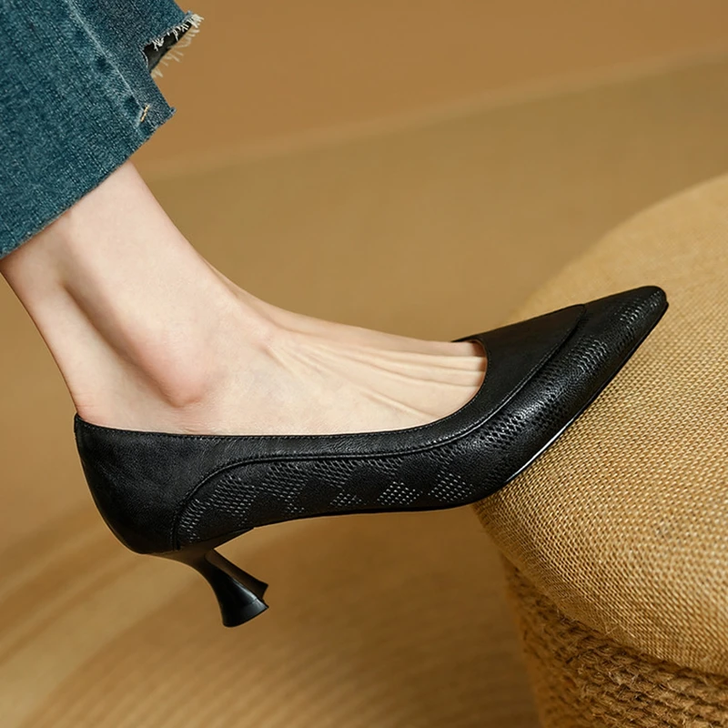 Women's Cow Leather Pointed-Toe Kitten Heel Pumps with Buckle Strap - Image 4