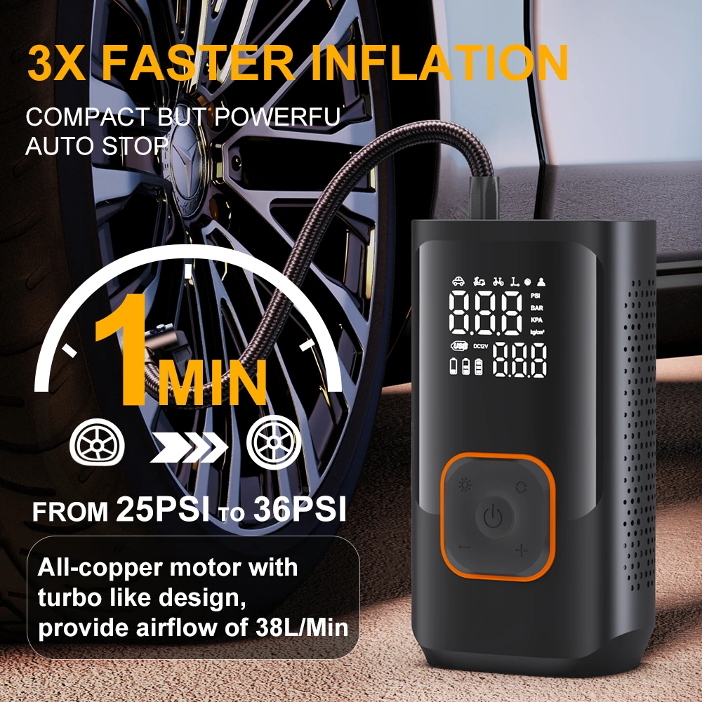 YIJU Rechargeable Tire Inflator Digital Cordless Car Tyre Inflator For Motocycle Bicycle Balls Portable Compressor Air Pump - Image 2